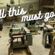 Photo of a large woodworking shop at Clay Tree, full of tools and equipment. Superimposed on top in diagonal text it says "All this must go!"